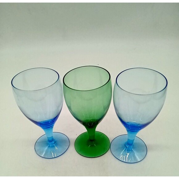 Vintage Set Of 3 Crystal Two Blue & One Green 6" Wine Glasses - Picture 3 of 6